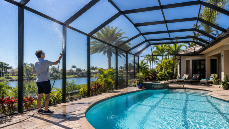 A Cape Coral homeowner cleaning his pool cage