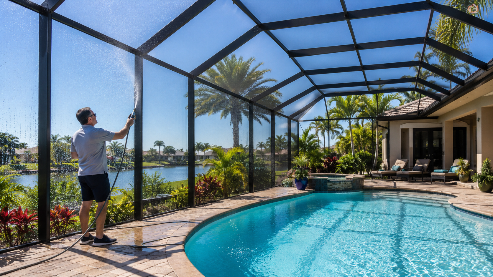 A Cape Coral homeowner cleaning his pool cage