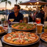 eating dinner at a pizza restaurant on the canal