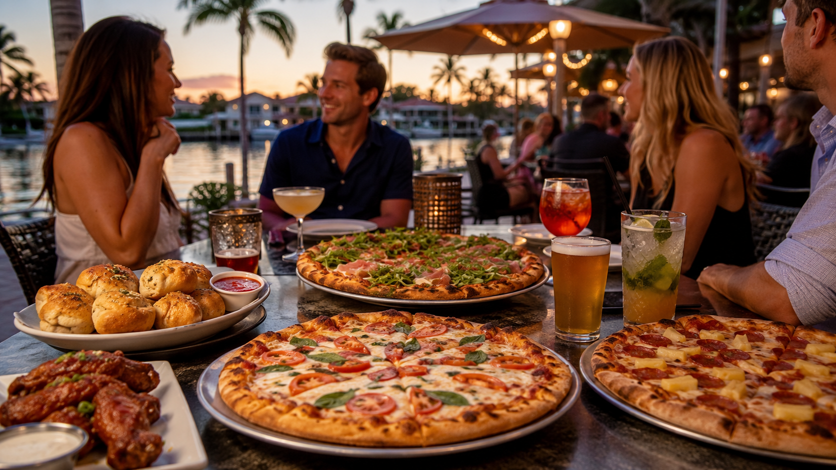 eating dinner at a pizza restaurant on the canal